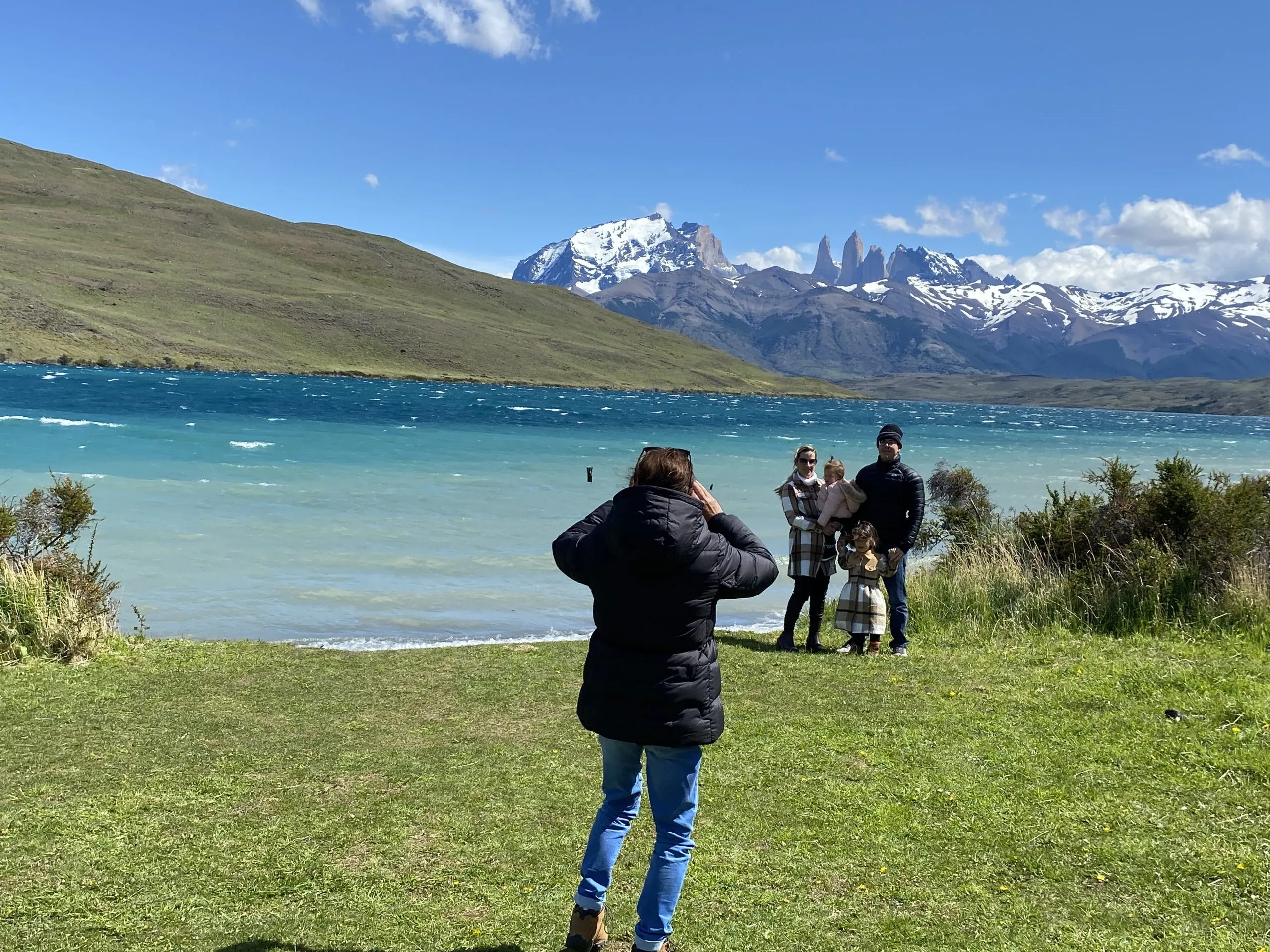 Photographers working in front of the Paine massif