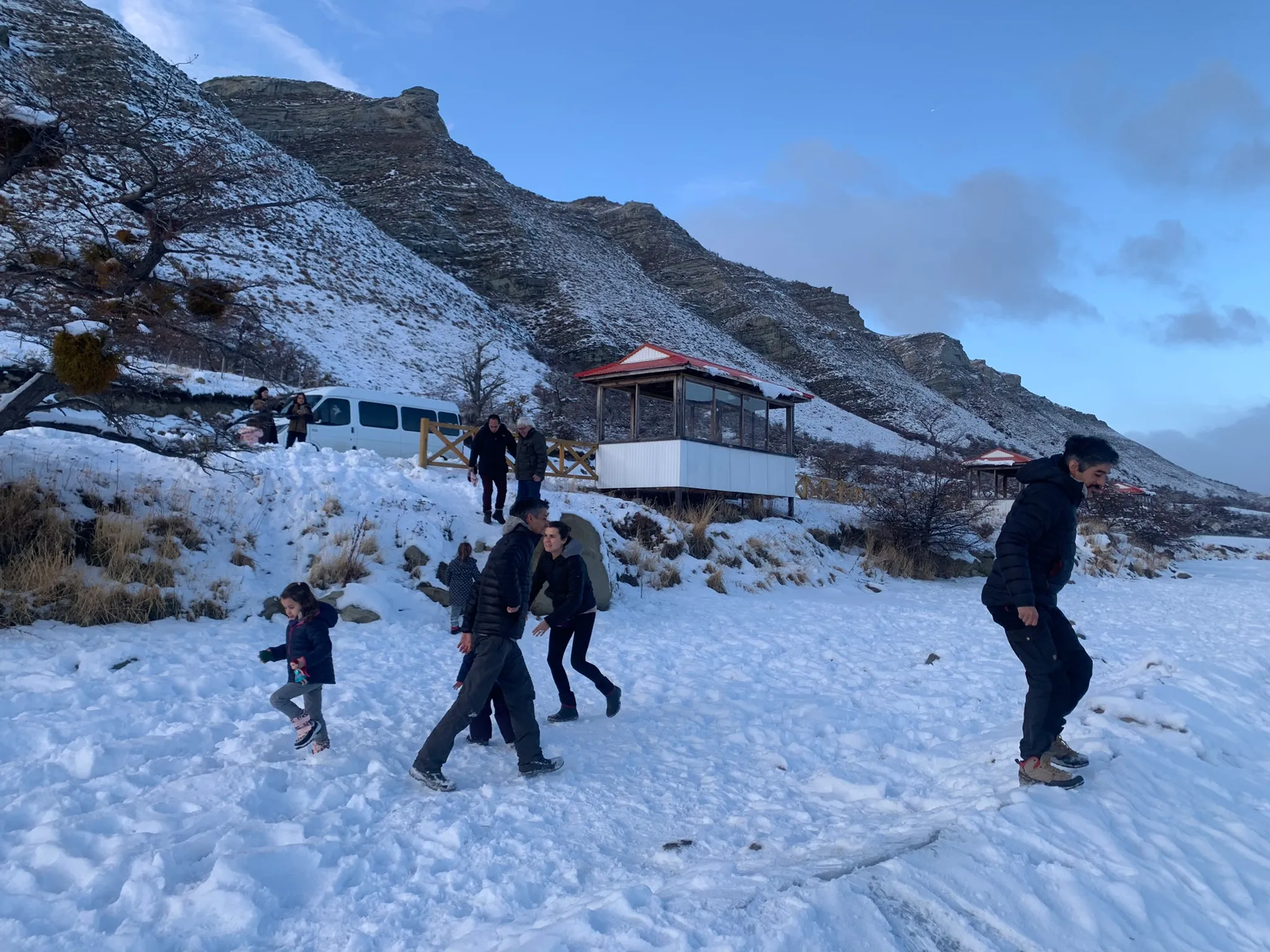 Winter outing in the snow inside the park