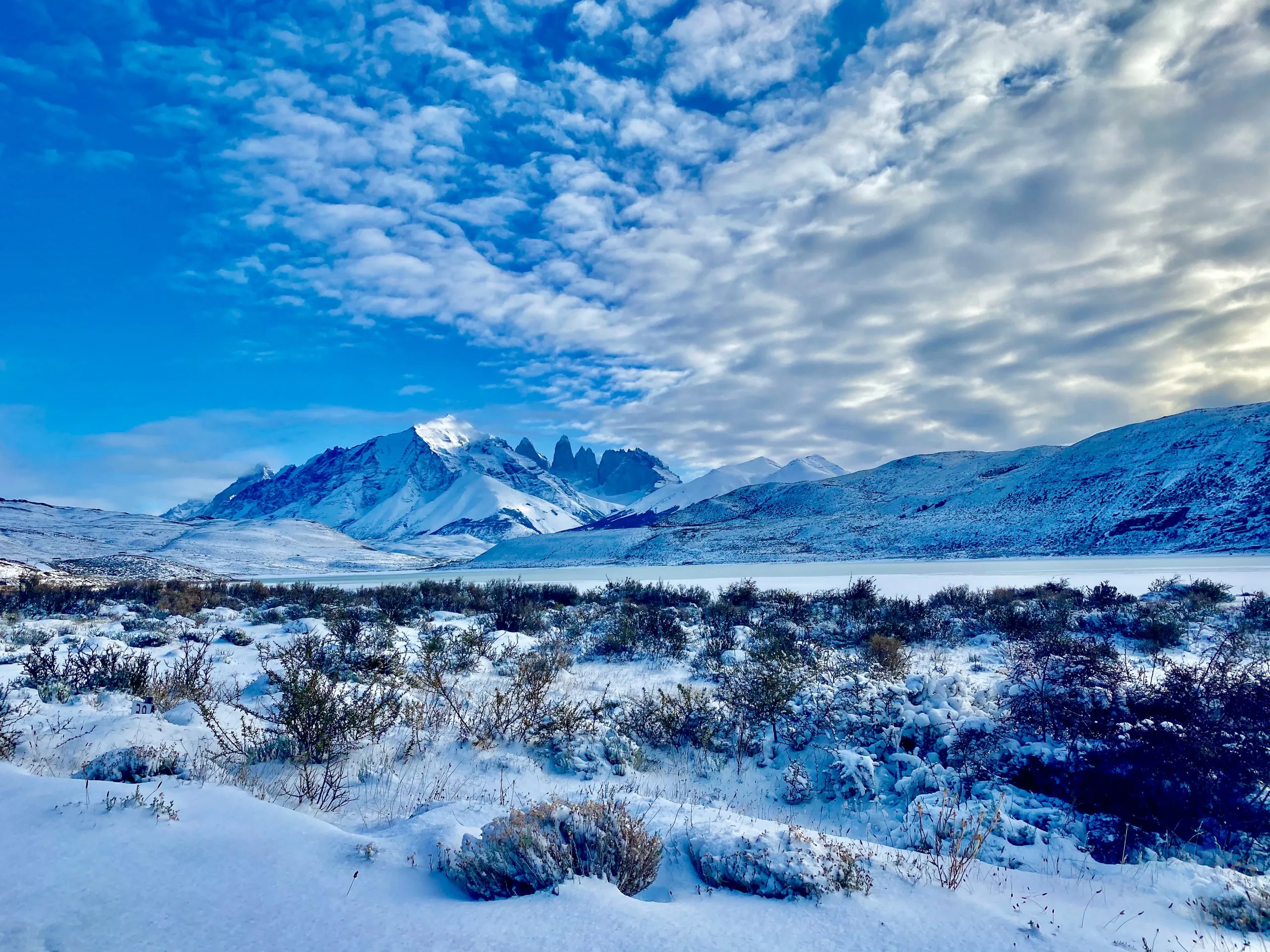 The Paine massif covered in snow under a clear winter sky